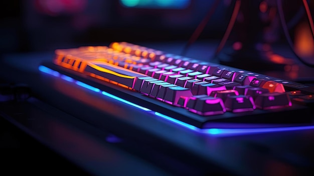 Foto um teclado com teclas iluminadas no escuro no estilo colorido e energético