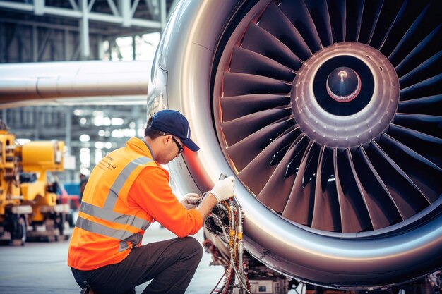 Foto um técnico de aeronaves está reparando uma turbina um engenheiro está vestindo um colete de sinal laranja