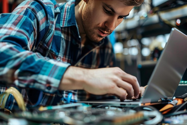 Um técnico de computadores reparando um laptop destacando a experiência técnica