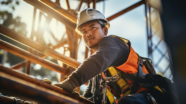 um técnico de engenharia observando uma equipe de trabalhadores em uma plataforma alta de aço Técnicos de engenharia estão observando e analisando projetos de construção inacabados