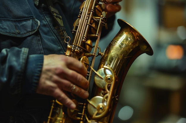 Um técnico de reparação de instrumentos musicais a consertar um saxofone mostrando a sua experiência na reparação de saxofones