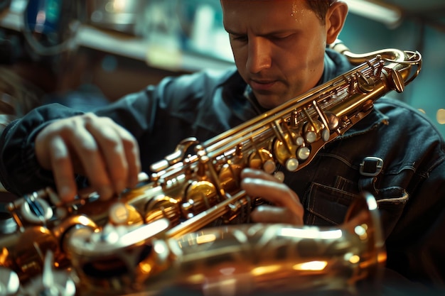 Um técnico de reparação de instrumentos musicais a consertar um saxofone mostrando a sua experiência na reparação de saxofones