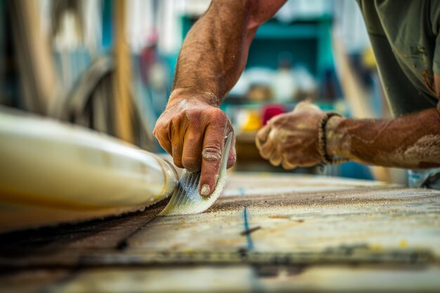 Um técnico de reparação de pranchas de surf reparando uma barbatana de prancha de surf danificada destacando as habilidades de reparação das barbatanas de surf