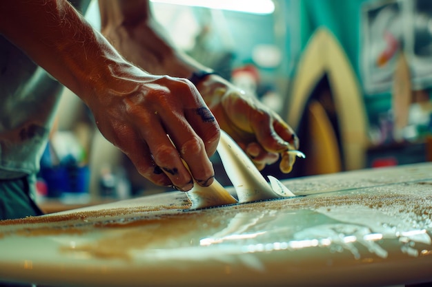 Um técnico de reparação de pranchas de surf reparando uma barbatana de prancha de surf danificada destacando as habilidades de reparação das barbatanas de surf