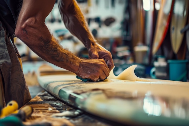 Um técnico de reparação de pranchas de surf reparando uma barbatana de prancha de surf danificada destacando as habilidades de reparação das barbatanas de surf