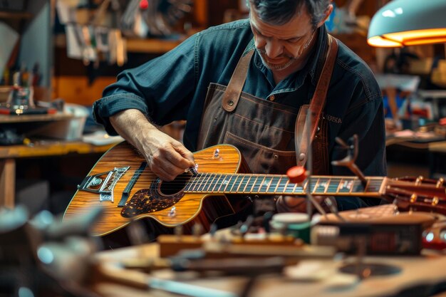 Um técnico de reparo de instrumentos musicais consertando uma guitarra mostrando habilidades de reparos de instrumentos