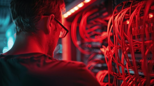 um técnico de TI é retratado trabalhando em cabos de rede em um ambiente de escritório cores vermelhas