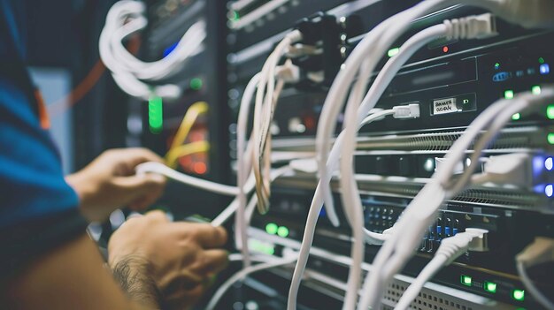 Um técnico está trabalhando em um servidor em um centro de dados O servidor está conectado a uma rede de outros servidores e é usado para armazenar e processar dados