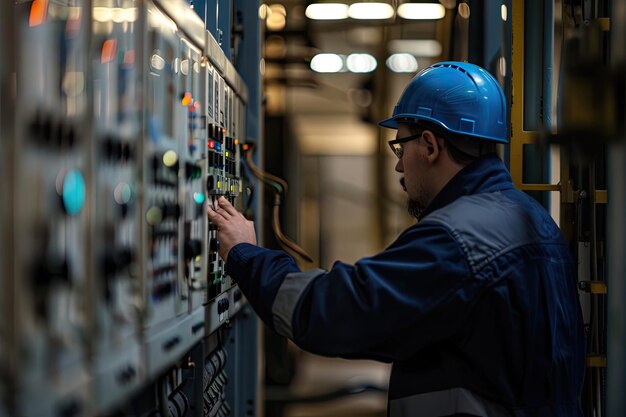 Um técnico focado em equipamentos de segurança ajusta os controles de um painel elétrico complexo em uma fábrica