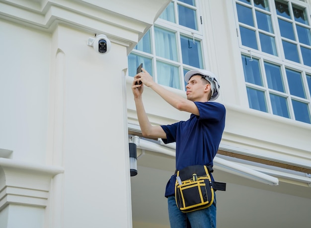 Um técnico instala uma câmera de CCTV na fachada de um edifício residencial