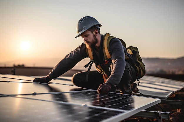 Um técnico instalando os painéis solares no telhado da casa e do conceito de escritório doméstico de energia econômica e economia de custos para pequenas empresas Painéis fotovoltaicos generativos Ai