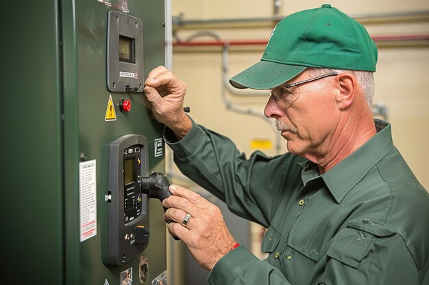 Um técnico monitora um banco de baterias de íons de lítio, garantindo uma eficiência óptima de armazenamento de energia em um