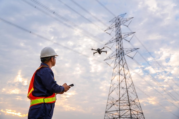 Um técnico usa drone para fazer inspeções na usina elétrica para visualizar o trabalho de planejamento produzindo eletricidade torre de transmissão elétrica de alta tensão ao pôr do sol