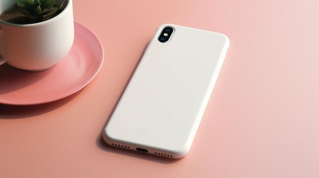 Um telefone branco com uma xícara de café em um fundo rosa