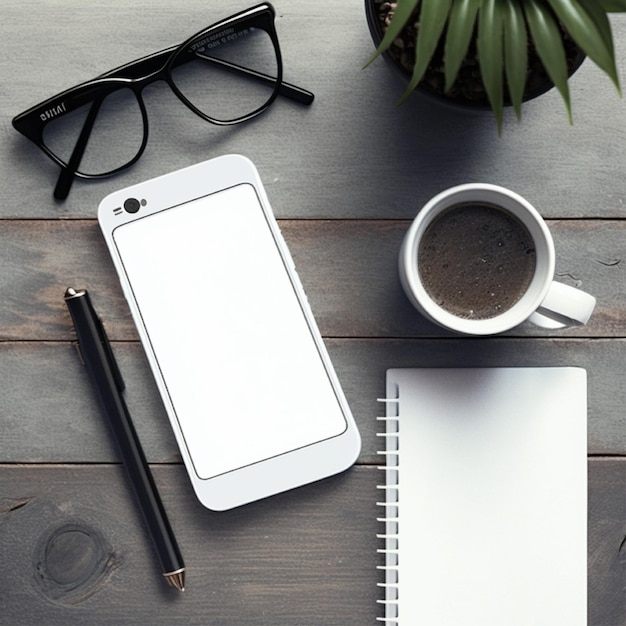Um telefone branco sobre uma mesa com um caderno, caneta, óculos e um caderno.