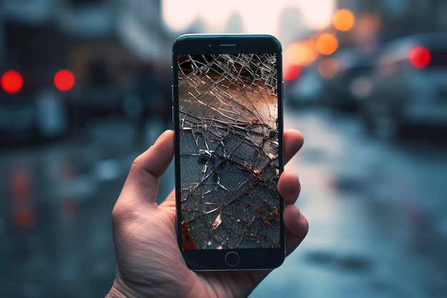 Um telefone celular com uma tela de vidro quebrada Ai gerada