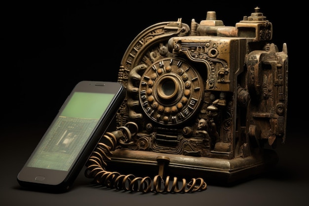 Um telefone celular é visto em cima de uma máquina representando a combinação de tecnologia e maquinário Um artefato antigo justaposto a um dispositivo tecnológico moderno Gerado por IA