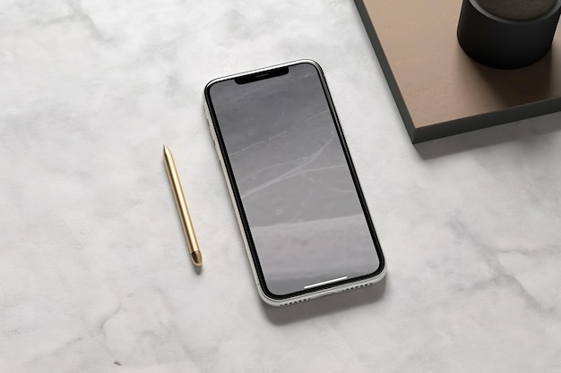 Um telefone celular em cima de uma mesa ao lado de uma xícara de café Imagem generativa de IA Maquete de telefone móvel