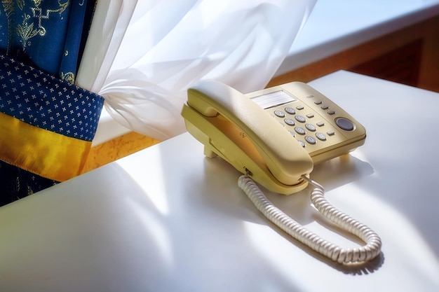 Um telefone com fio de botão em uma mesa branca ao lado do espaço de cópia da janela