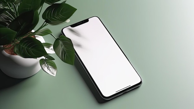 Um telefone com tela branca está sobre uma mesa verde ao lado de uma planta.