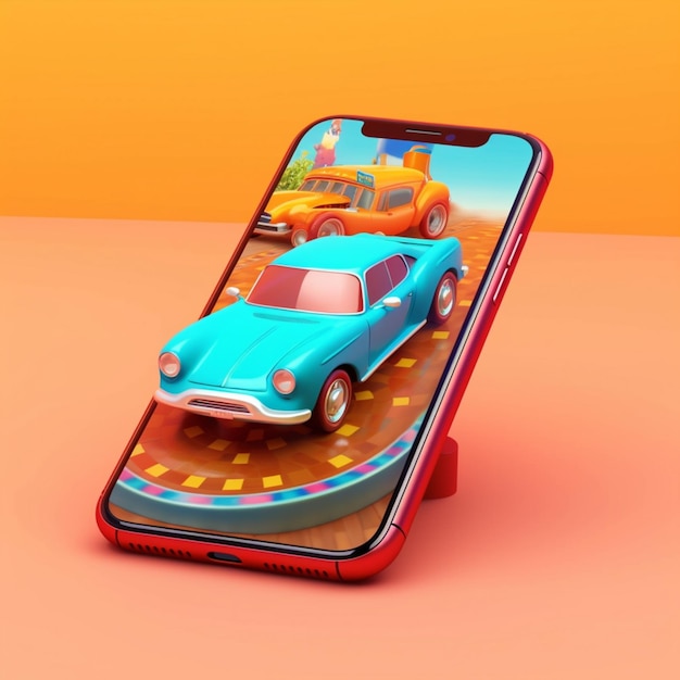 Um telefone com um carro azul 3D que diz carros saindo dele