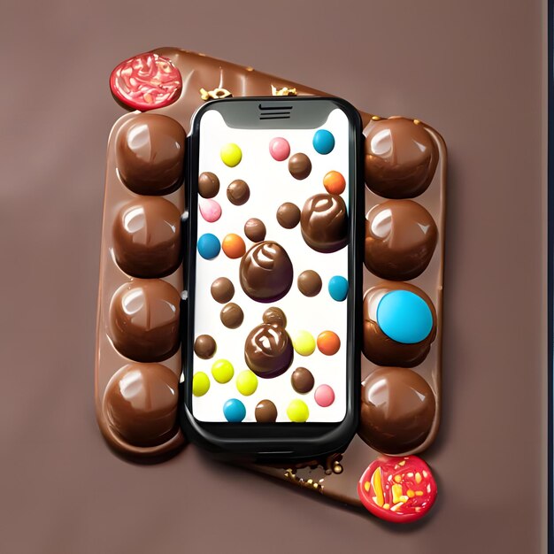 Foto um telefone com um ecrã de chocolate e botões de