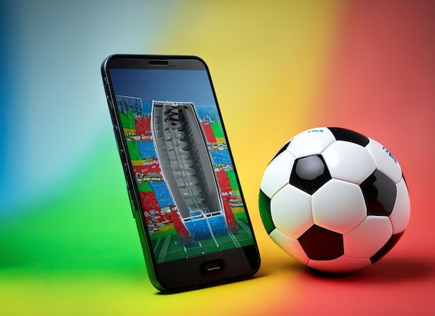 Foto um telefone com uma bola de futebol e uma bola de futebol preta e branca na tela.