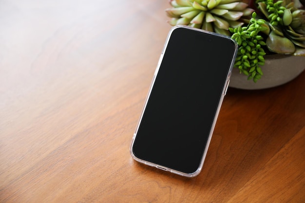 Um telefone em uma mesa de madeira com uma planta ao fundo