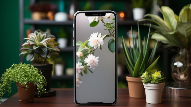 Um telefone está em uma mesa ao lado de uma planta em vaso