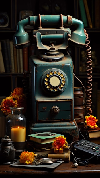 Um telefone histórico azul em cima de uma mesa de madeira Imagem de IA
