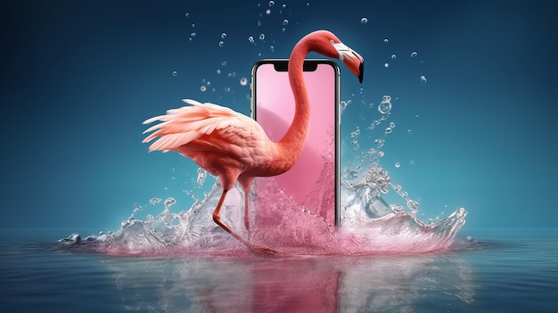 Um telefone rosa com um flamingo parado na água