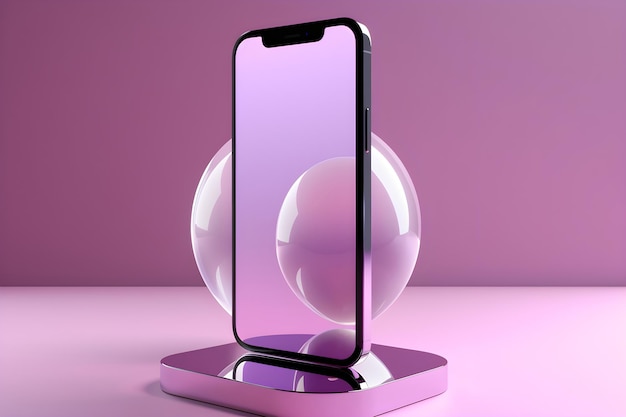 Um telefone roxo e preto com um fundo roxo e uma bola de vidro nele.