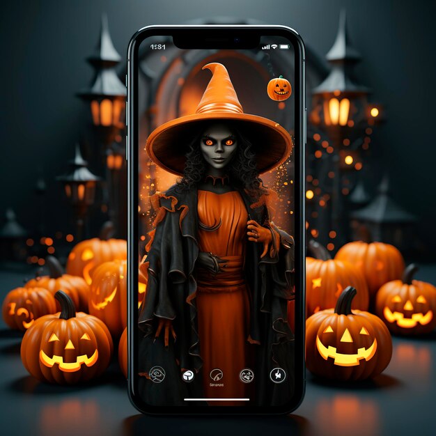 Foto um telemóvel com uma bruxa no halloween como papel de parede