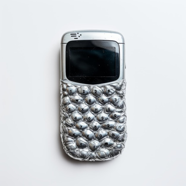 Foto um telemóvel de prata audaz e minimalista inspirado em takashi murakami