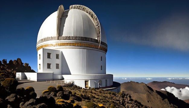 Um telescópio branco fica em um cume rochoso com o céu ao fundo.