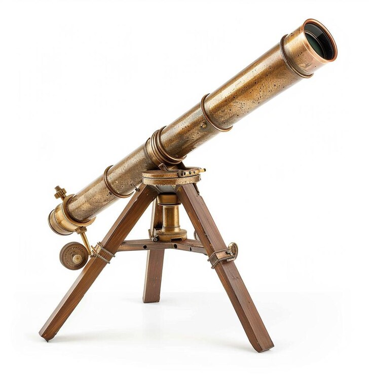 Foto um telescópio com uma maçaneta de madeira e um telescópio na parte inferior
