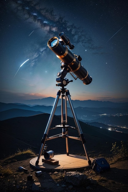 um telescópio é visto no céu noturno.