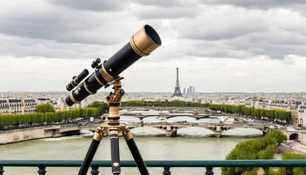 Um telescópio em frente a um trilho com vista para Paris e o rio Sena