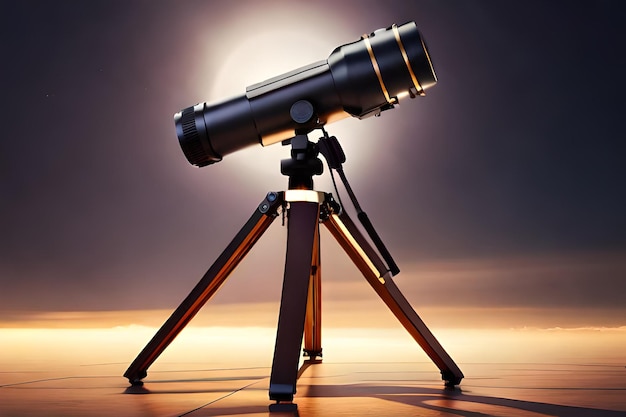 Um telescópio em um tripé com uma luz atrás dele
