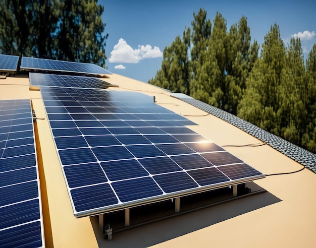 Um telhado com painéis solares e um céu azul ao fundo.