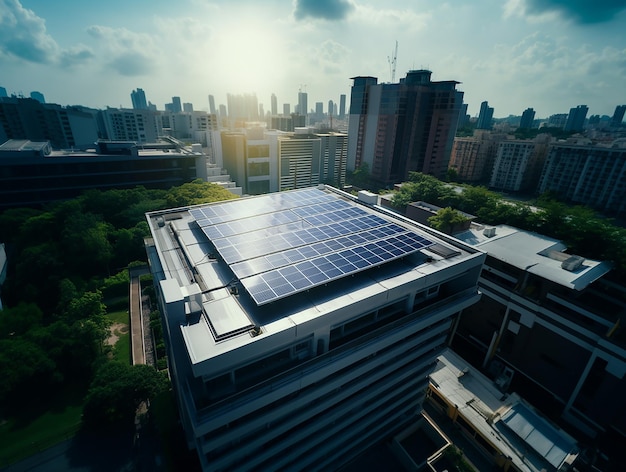 um telhado com painéis solares tirado com um drone