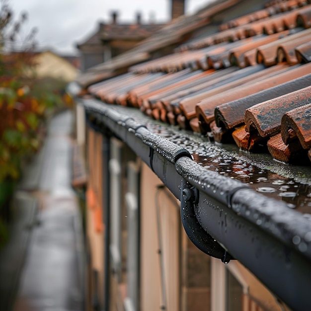 Foto um telhado encharcado de chuva com uma gota de chuva nele