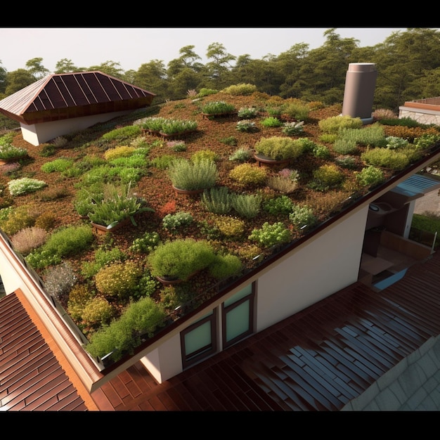 Foto um telhado verde com plantas e uma casa ao fundo.