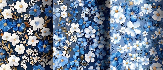 Um tema botânico foi emparelhado com uma impressão de liberty ditsy branca e azul e um motivo de flor minúscula e arável e espaço IA generativa