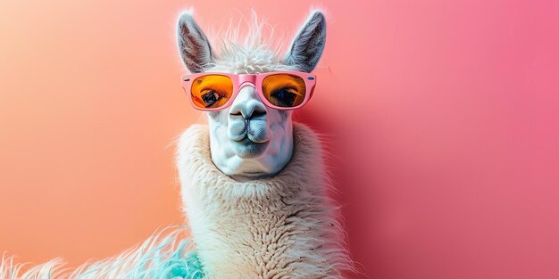 Foto um tema comercial com uma lama sombreada de óculos de sol exibida em fundo pastel ai gerativa