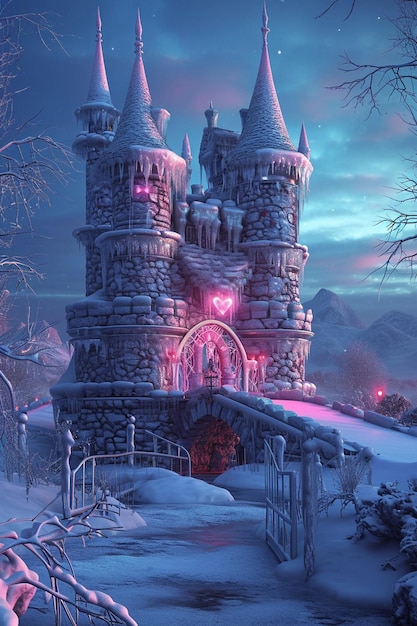 Foto um tema de arte digital 3d com um castelo de gelo encantado ambientado em uma paisagem nevada