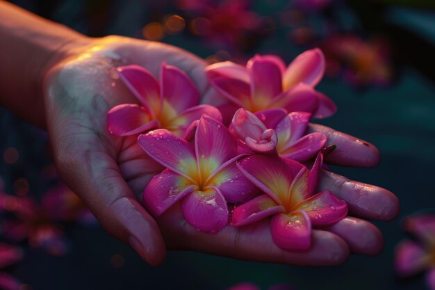 Foto um tema escuro de flores cor-de-rosa misturadas com frangipani amarelo que brilha lindamente na mão