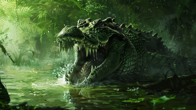 Um temível crocodilo emergindo das profundidades sombrias de um pântano com as mandíbulas abertas. Ilustração gerada por IA.