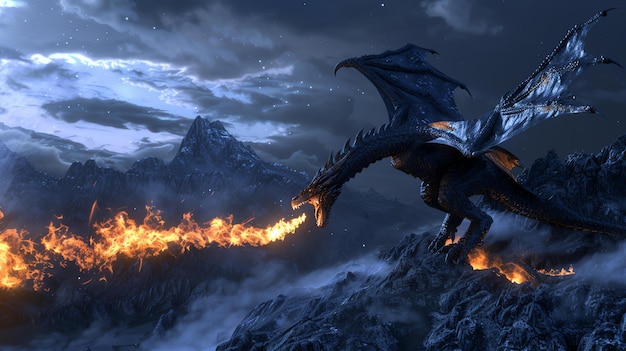 Foto um temível dragão preto pousa-se num penhasco rochoso com as asas estendidas e a cauda amarrada