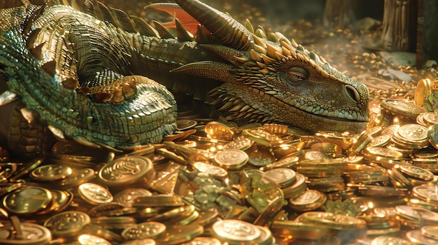 Foto um temível dragão verde dorme em uma enorme pilha de moedas de ouro em seu covil subterrâneo